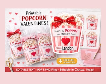 Printable Popcorn Valentine Labels | Editable Valentine Treat Tags | Classroom Valentines | Digital Download
