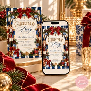 Einladungsvorlage für eine Nussknacker-Weihnachtsfeier | Elegante Festtagseinladung | Bearbeitbare Canva-Weihnachtseinladung | Digitaler Download