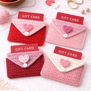 May include: Four handmade crochet gift card holders in shades of red and pink, each with a heart-shaped appliqué and a button closure. The gift cards are visible, with the words "GIFT CARD" printed on them. The scene includes yarn and craft supplies.