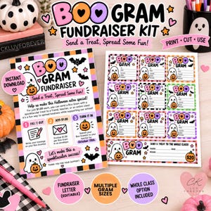 May include: A Boo Gram fundraiser kit featuring a printable instruction sheet and a page of small gift tags. The designs include ghosts, pumpkins, bats, and hearts in pink, orange, purple, and black. Text includes Boo Gram Fundraiser Kit, Send a Treat, Spread Some Fun, and instructions for filling out, adding money, and turning in the forms.