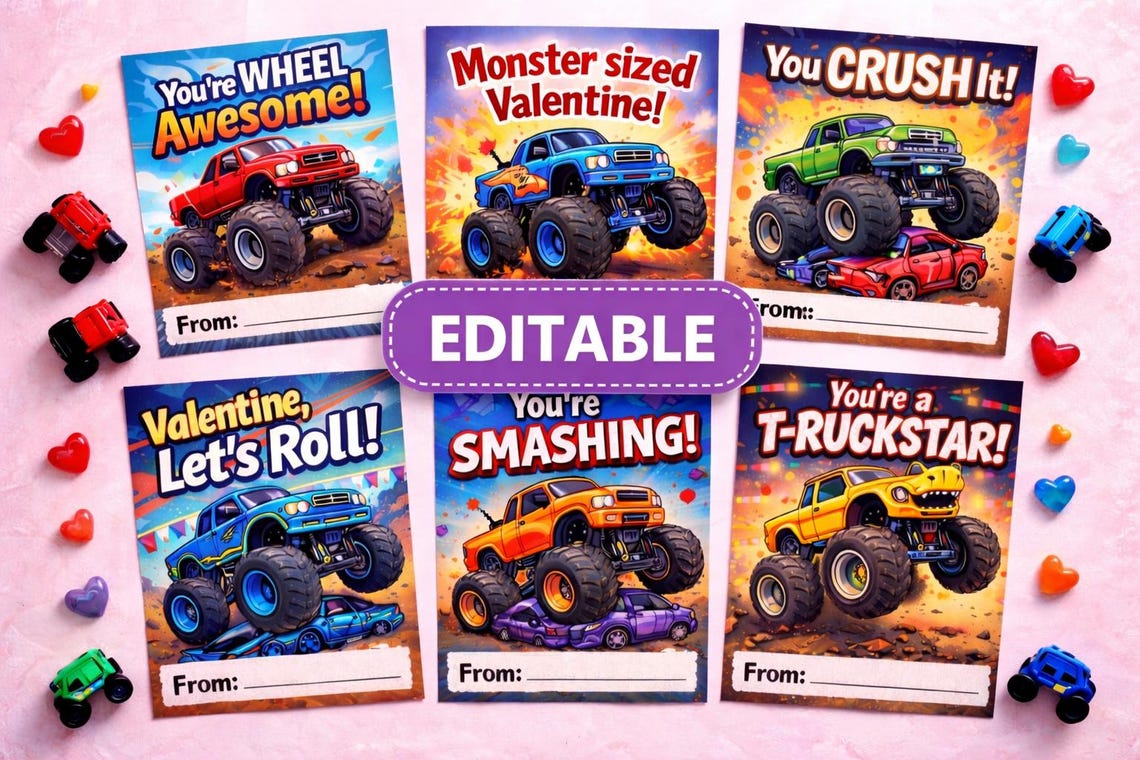 Monster Truck Valentine Cards for Kids Editable Printable, Classroom ...