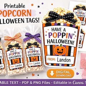 May include: Printable Halloween popcorn tags featuring a popcorn bucket design with black, orange, and purple stripes, a jack-o'-lantern, and the text 'HAVE A POPPIN' HALLOWEEN!' with a space for a name. Includes clear bags with popcorn and bows.