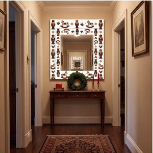 Christmas Mirror with Nutcracker and Rocking Horse Accents, Plexi Silver Center