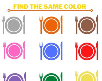 Color matching game/preschool printable activity/matching same color food into same color plate/learn for fun/early learning