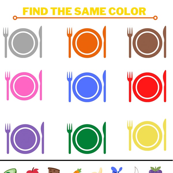 Color matching game/preschool printable activity/matching same color food into same color plate/learn for fun/early learning
