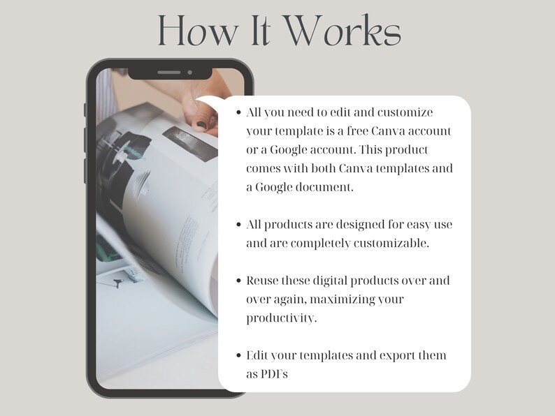 May include: A smartphone screen displaying instructions on how to edit and customize digital templates. The text reads: "How It Works" and lists four bullet points explaining how to use the templates. The templates can be edited and exported as PDFs.