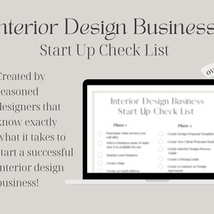 May include: A laptop computer screen displaying a checklist titled "Interior Design Business Start Up Check List". The checklist is divided into two phases and includes over 20 tasks. The text "over 20 tasks!" is written in a circle in the upper right corner of the image.