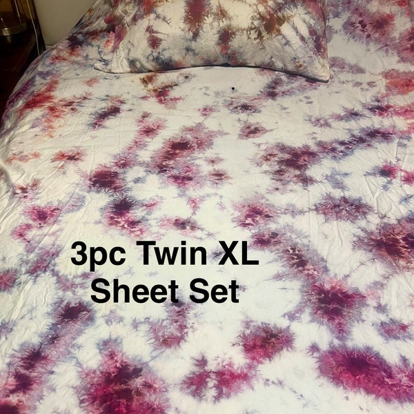 Literie tie dye - Ensemble de draps en coton 400 fils teints à la main - Literie artistique - twin XL/détergent textile professionnel gratuit inclus (1oz)