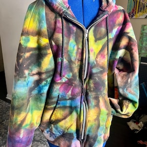 Reverse tie dye/Full zip tie dye hoodies/hand dyed/heavyweight 90% cotton/vibrant patterns and colors/unisex LARGE/one of a kind/cozy wear