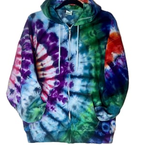 Colorful Full zip tie dye hoodies/hand dyed/heavyweight 90% cotton/vibrant patterns and colors/unisex LARGE/one of a kind/cozy wear