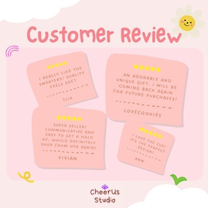 May include: A pink graphic featuring customer reviews. The words "Customer Review" are at the top. Four pink sticky notes show customer feedback with star ratings. The CheerUs Studio logo is at the bottom.