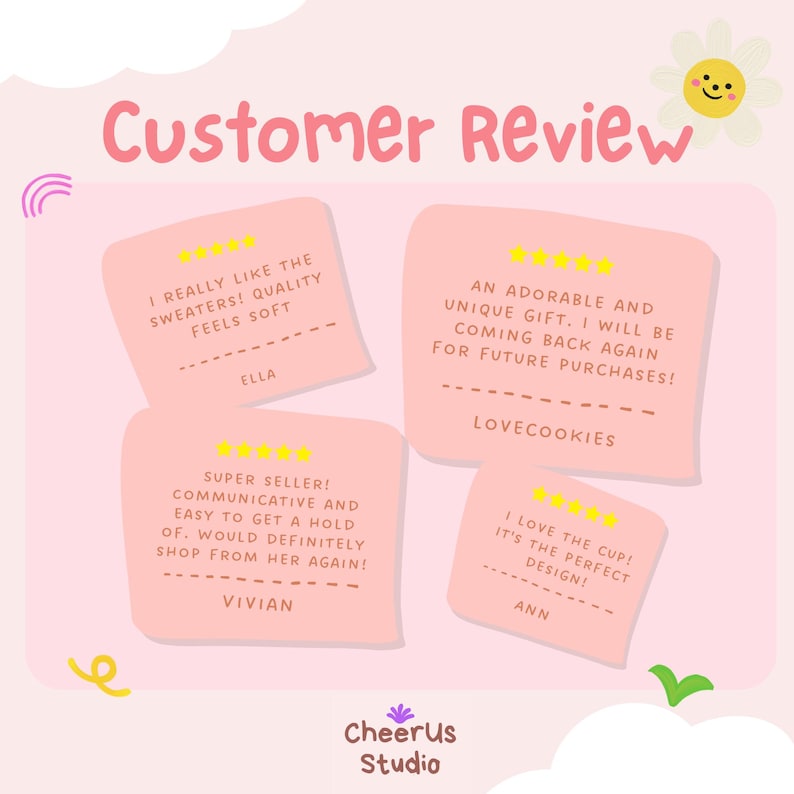 May include: A pink graphic featuring customer reviews. The words "Customer Review" are at the top. Four pink sticky notes show customer feedback with star ratings. The CheerUs Studio logo is at the bottom.