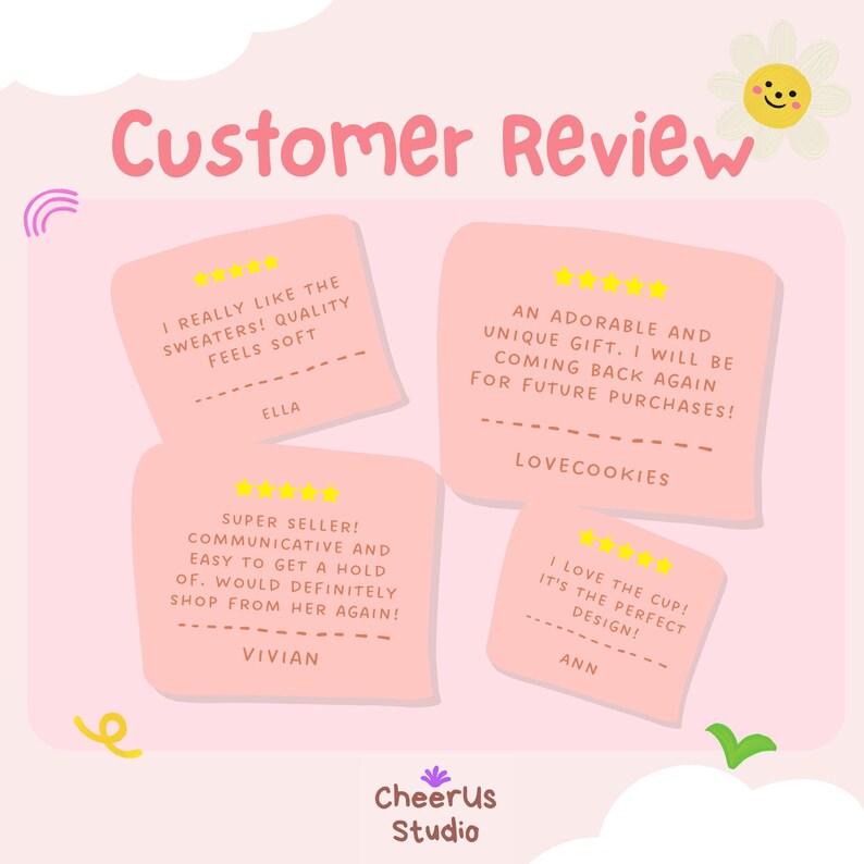 May include: A pink graphic with customer reviews. The text "Customer Review" is at the top. Four pink sticky notes display customer feedback with star ratings. The CheerUs Studio logo is at the bottom.
