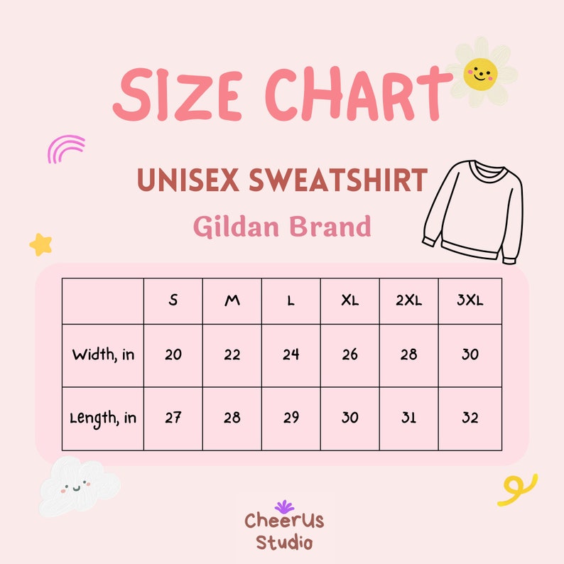 May include: A pink size chart for a unisex Gildan brand sweatshirt. The chart shows measurements in inches for sizes S to 3XL. Width measurements range from 50.8 to 76.2 cm, and length measurements range from 68.6 to 81.3 cm.