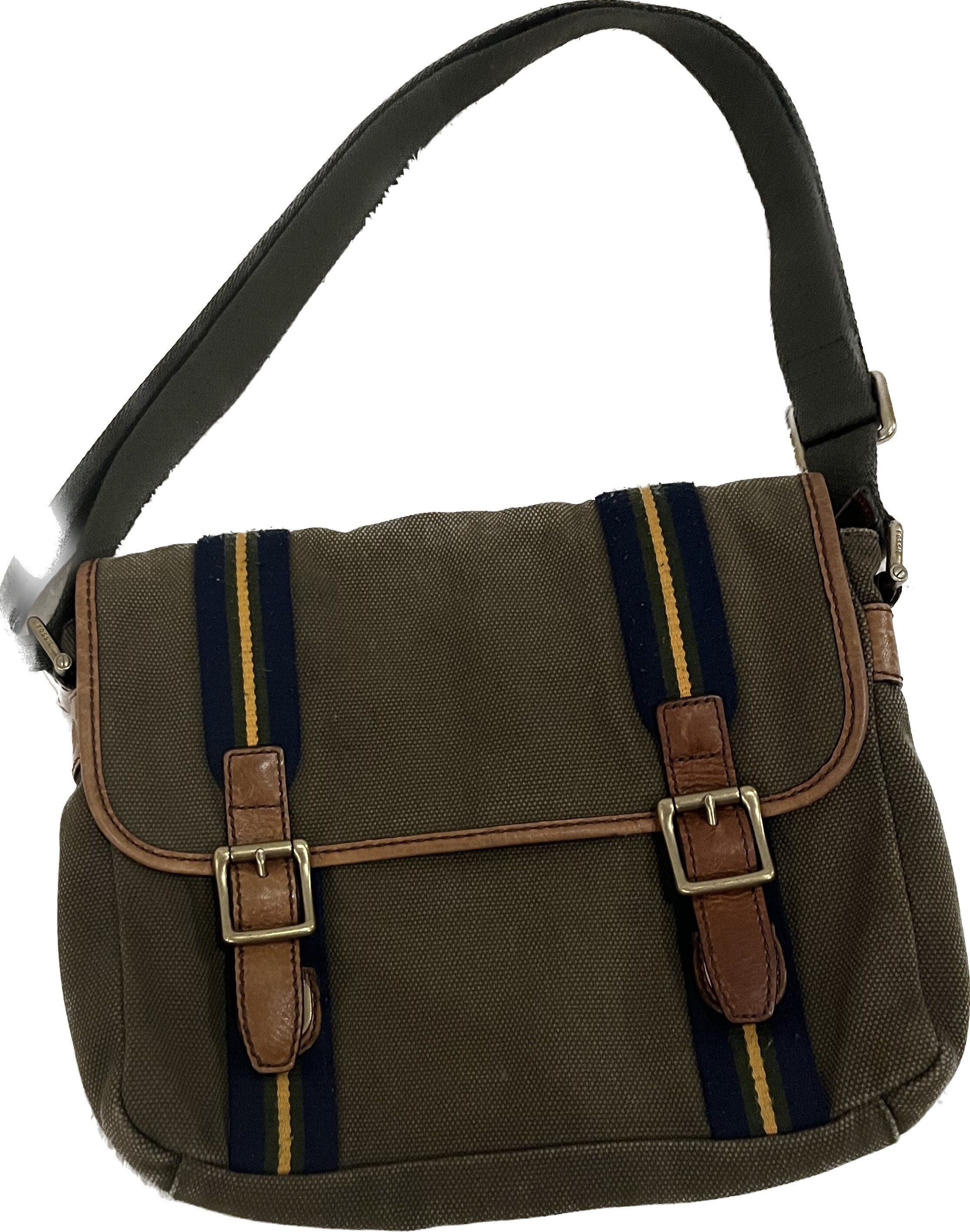 FOSSIL Estate Leather Messenger Bag, 2-Tone Dark Brown, Canvas Strap