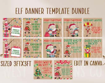 Pacchetto di modelli per banner di arrivo degli elfi di Natale, banner di arrivo degli elfi di Natale 3ftx3ft 2ftx6ft, design del banner di arrivo degli elfi