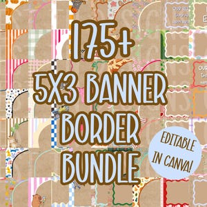 May include: A digital collection of 175+ banner templates featuring diverse decorative borders and rectangular frames. The designs include various patterns, colors, and themes, with some examples showing text like Happy Easter and Our Sweet Apple.