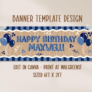 May include: A rectangular birthday banner template design featuring a tan centre with a wavy white border and dark blue striped edges. The text reads HAPPY BIRTHDAY MAXWELL! in blue, accompanied by illustrations of dark and light blue balloons.