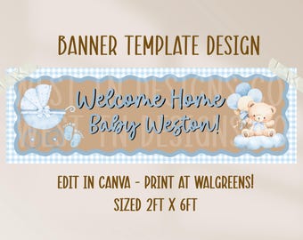 Diseño de pancarta de bienvenida para bebé niño, diseño de pancarta para bebé niño, plantilla de pancarta en Canva para imprimir digitalmente, pancarta de bienvenida para bebé niño