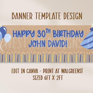 May include: A rectangular banner template design on a brown kraft paper background featuring the text HAPPY 30TH BIRTHDAY JOHN DAVID! in blue. The design includes blue balloons, a blue party hat, and a row of blue and yellow candles. Size 6ft x 2ft.
