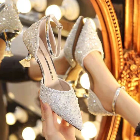 Women Bling Shiny Pumps Ankle Strap 