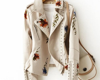 Women Retro Floral Embroidery Faux Soft Leather Jacket