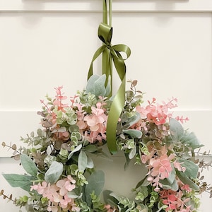 Luxury Eucalyptus Wreath, Year Round Wreath for Front Door, Year Round Greenery Wreath, Pink Outdoor Wreath for Front Door,Minimalist Wreath