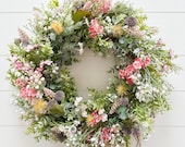Summer Field Wreath for Front Door, Wildflower Wreath, Rustic Outdoor Wreath, Artificial Spring Summer Flower Wreath, Wreath Gift