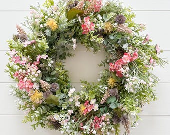 Summer Field Wreath for Front Door, Wildflower Wreath, Rustic Outdoor Wreath, Artificial Spring Summer Flower Wreath, Wreath Gift