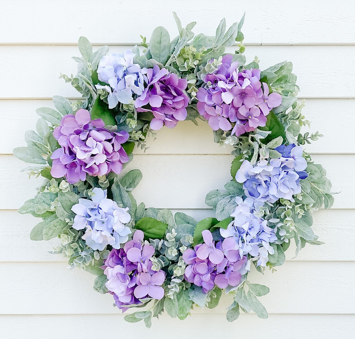 blue and purple hydrangea wreath