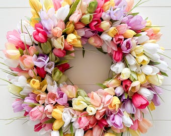 Couronne de tulipes de printemps, couronne de printemps pour porte d'entrée, couronne colorée pour porte d'entrée, cadeau couronne, couronne de Pâques, couronne printemps-été unique