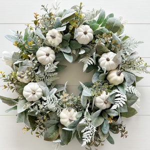 Fall Pumpkin Wreath for Front Door, Fall Door Decor, Fall Lambs Ear Wreath, Neutral Autumn Wreath, Cream Pumpkin Wreath for Autumn