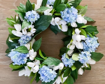 Hydrangea Wreath, Tulip Wreath, Laurel Wreath, Spring Wreath for Front Door, Summer Wreath for Front Door, Blue and White Flower Wreath