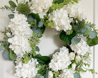 Elegant Cream Hydrangea Wreath for Front Door, Spring Outdoor Wreath, Simple Wreath, Green Summer Wreath, Mom Gift,Neutral Artificial Wreath