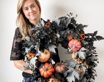 Couronne d'Halloween noire pour porte d'entrée, Couronne d'automne orange, Couronne d'automne rustique pour extérieur, Couronne d'automne, Couronne cadeau, Couronne de citrouilles orange