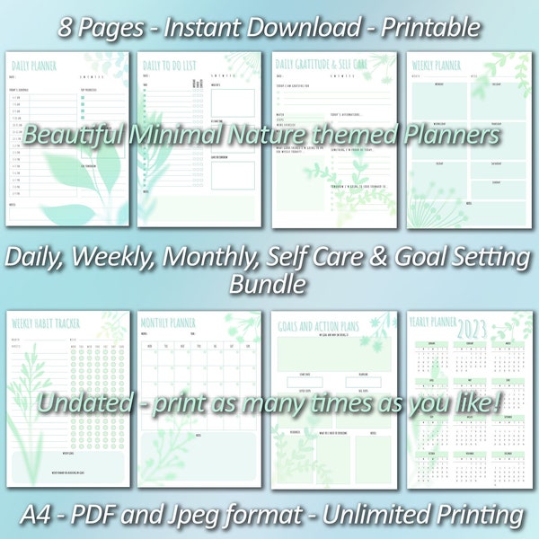 Downloadable Printable planner bundle, Beautiful Nature theme. Daily, Weekly, Monthly, Goal, Health Productivity 8 page bundle + Notes