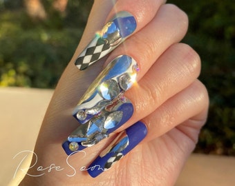 Modern Blue | Crystal Press On Nail, Handmade 10 PCS, Nail Jewelry, Long Coffin Nail, Blue Nail, Diamond Nail, Luxury Nail, Bling Nail