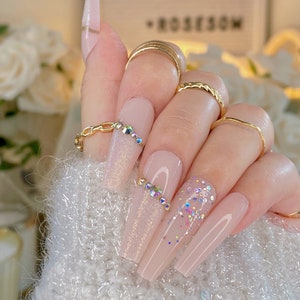 30PCS Pink Dream | Pink Glitter Press On Nails, Handmade, Gemstone Nails, Pink Bling Long Coffin Nail, Diamond Nail, French Press On Nails