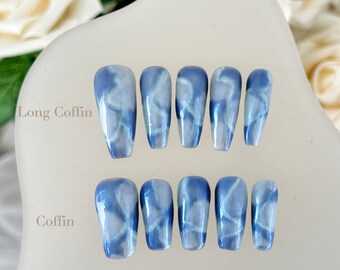 Ice Breaking | Blue Press On Nails, Handmade 10 PCS, Blue Ombre Marble Press On Nail, False Nails, Gel Nails, Nail Shop