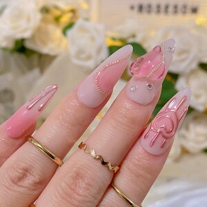 Pink Heart Press On Nails, Handmade 10 PCS, False Nails, Pink Love Nails, Gel Nails, Nail Shop image 4