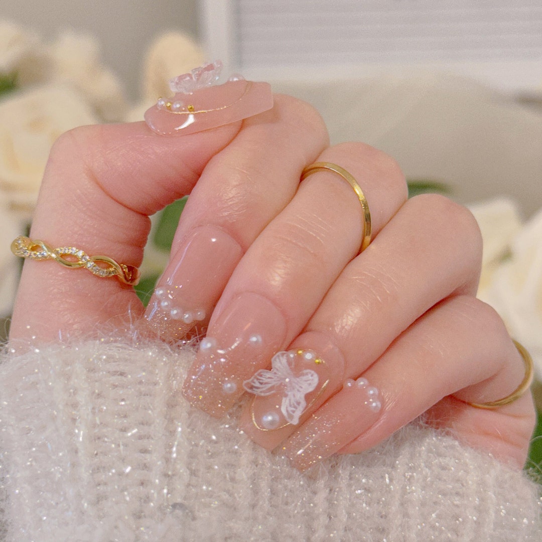 Original Pearl n Butterfly | Press On Nails, Handmade 10 PCS, White Pearl Nail, False Nails, Gem Nail, Gel Nails, Prom Nail