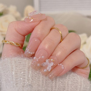 Original Pearl n Butterfly | Press On Nails, Handmade 10 PCS, White Pearl Nail, False Nails, Gem Nail, Gel Nails, Prom Nail