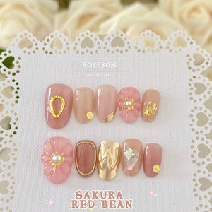 Colección Sakura / 5 colores / Uñas postizas, hechas a mano, 10 piezas, uñas rosas, uñas postizas, uñas de gel con flores de cerezo, uñas con flores de primavera, regalos