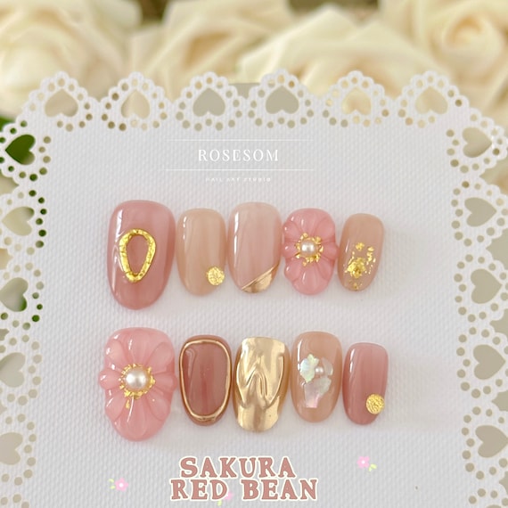 Sakura Collection | 5 Colors | Press On Nails, Handmade 10 PCS, Pink Nails, Fake Nails, Cherry Flower Gel Nails, Spring Flower  Nails, Gifts