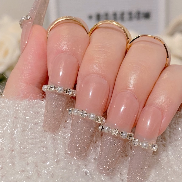 Starry Day | Silver Press On Nails, Handmade 10 PCS, Glitter Nails, Crystal Diamond Nail, Fake Nails, French Press On,