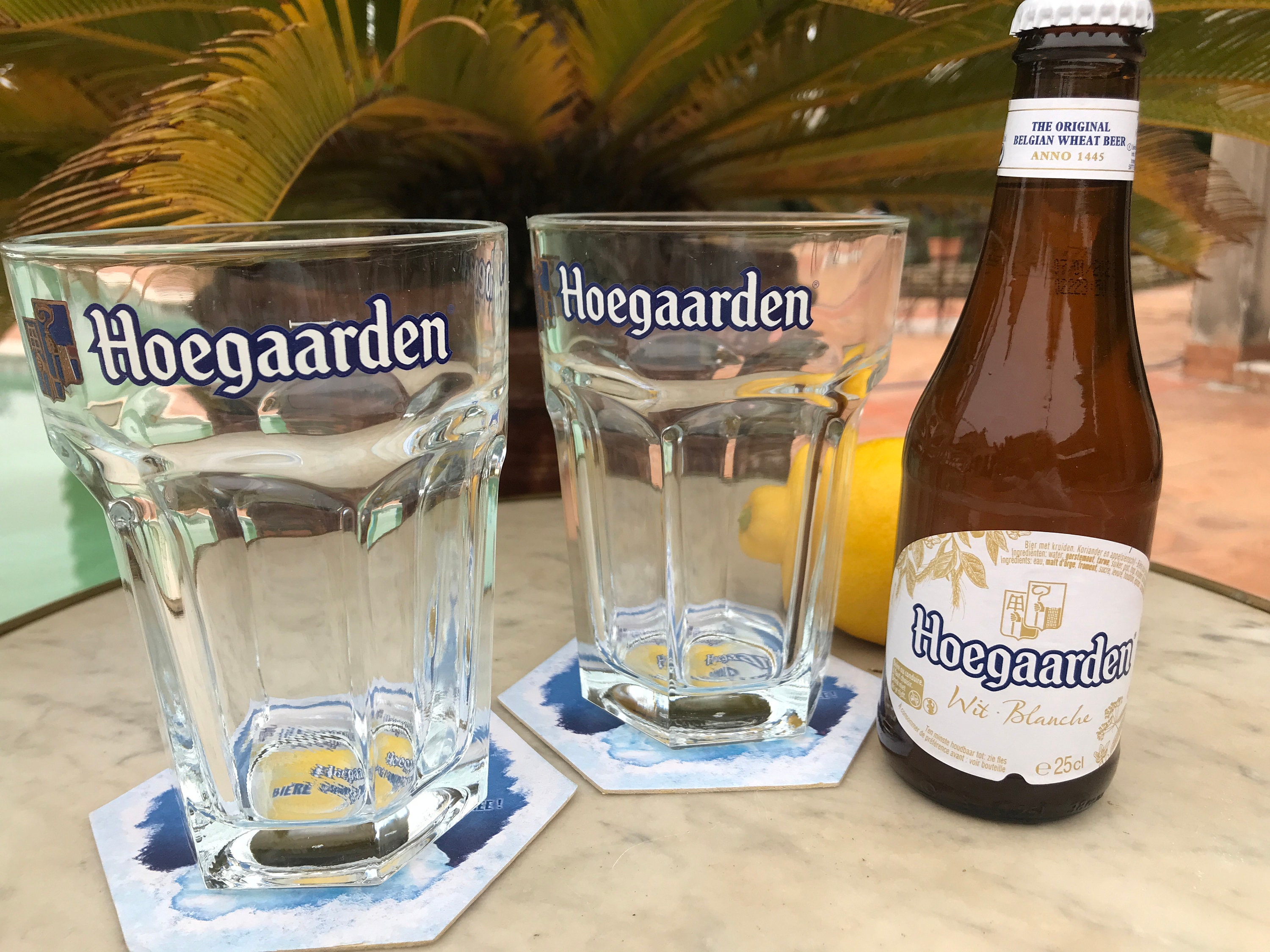 Lot de 2 Verres à Bière Hoegaarden 33Cl et 12 Sous-Verres Carton, Bar, Bistrot, Publicitaire