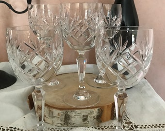 set of 5 chiseled crystal stemmed glasses, vintage French tableware