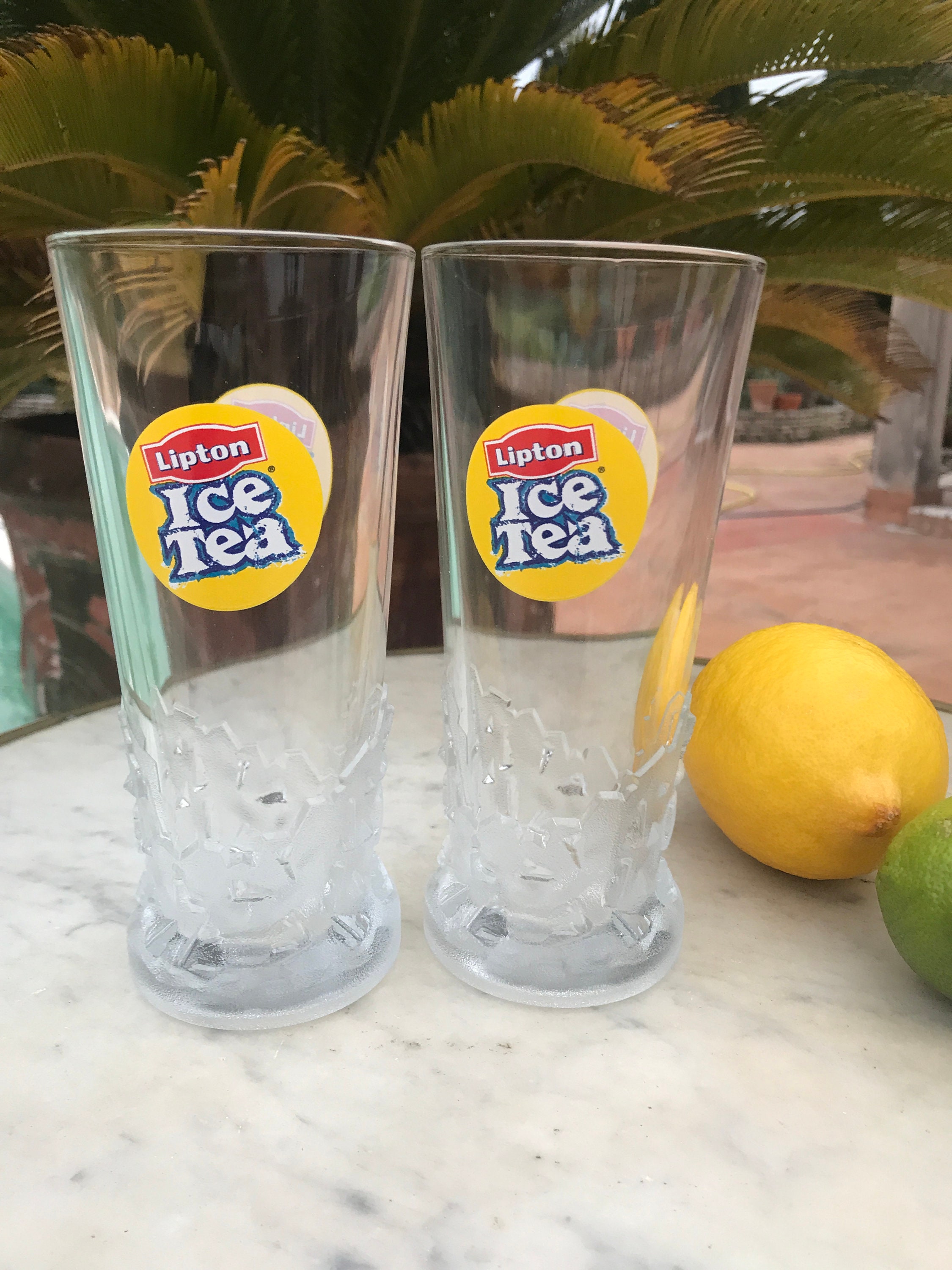 2 Grands Verres Publicitaires Lipton Ice Tea, Bar, Café Français Vintage