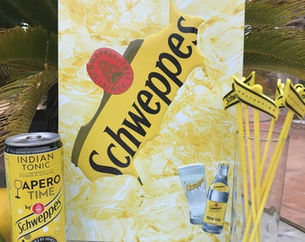 SCHWEPPES emaille reclameplaat en 6 gele mengers