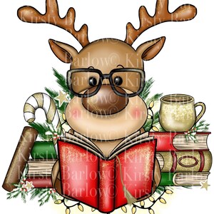 lettura lettore amante dei libri libresco Natale renna clipart png sublimazione design disegnato a mano download immediato